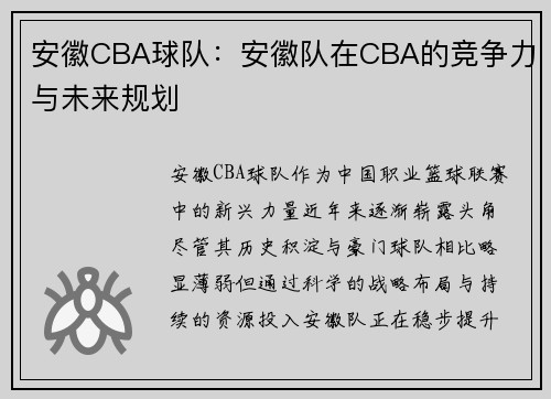 安徽CBA球队：安徽队在CBA的竞争力与未来规划