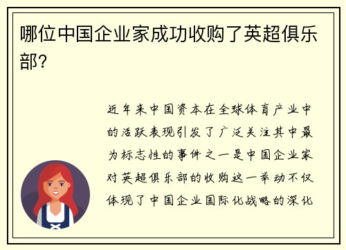 哪位中国企业家成功收购了英超俱乐部？